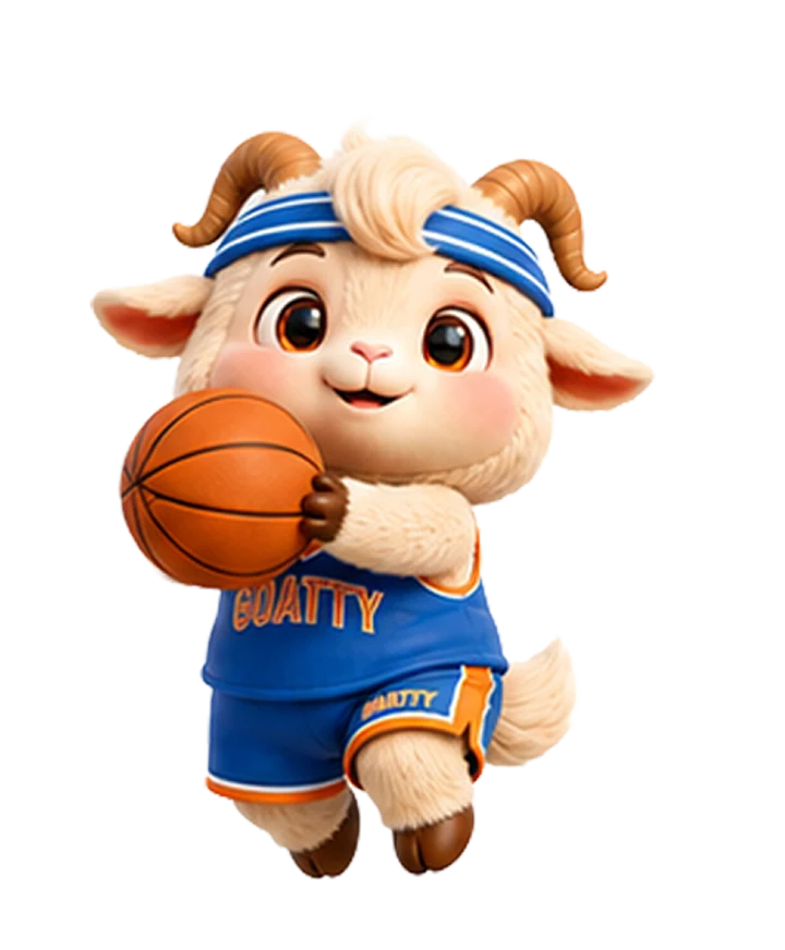 Goatty, the Laki Play mascot, holding a basketball